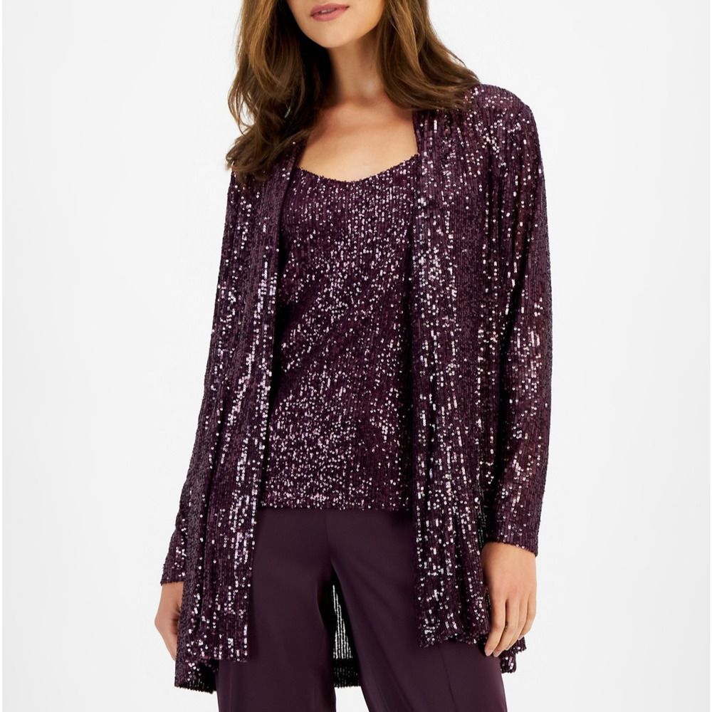 Anne Klein Women's Sequin Embellished Open-Front Jacket Deep Plum Size M 1859